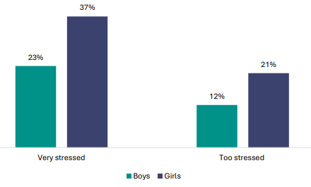 Figure 65 is a graph showing student views about their stress levels for NCEA Level 1 assessment, by gender. 23% of boys are very stressed, and 12% are too stressed. 37% of girls are very stressed, and 21% are too stressed.