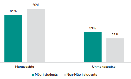 Figure 79 is a graph showing MÄori and non-MÄori student views on whether their NCEA Level 1 workload is manageable. 61% of MÄori students report their workload is manageable, 69% of non-MÄori students report the same. 39% of MÄori students report workload is unmanageable, 31% of non-MÄori students report the same.