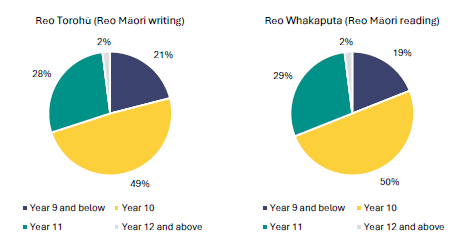 Figure 9 is a graph showing students who sat the te reo matatini co-requisite by Year group as a proportion of all students who sat them in May/June 2024. For the reo torohĹŤ (reo MÄori writing), 21% of those who sat it were in Year 9 and below, 49% were in Year 10, 28% were in Year 11, 2% were in Year 12 and above. For the reo whakaputa (reo MÄori reading), 19% of those who sat it were in Year 9 and below, 50% were in Year 10, 29% were in Year 11, 2% were in Year 12 and above.