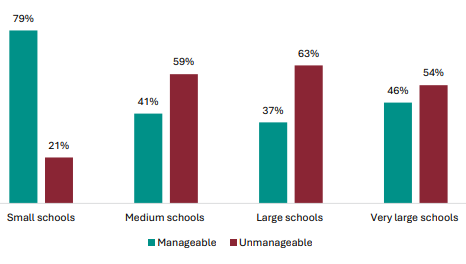 Figure 96 is a graph showing leader views on whether they have the physical space for assessments, by school size. In small schools, 79% of leaders report they have the physical space for assessments, 21% report they donât. In medium schools, 41% of leaders report they have the physical space for assessments, 59% report they donât. In large schools, 37% of leaders report they have the physical space for assessments, 63% report they donât. In very large schools, 46% of leaders report they have the physical space for assessments, 54% report they donât.