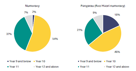 Figure 11 is a graph showing students who sat the numeracy and pÄngarau co-requisite by year group as a proportion of all students who sat them in May/June 2024. For the numeracy co-requisite, 2% of those who sat it were in Year 9 and below, 54% were in Year 10, 37% were in Year 11, 7% were in Year 12 and above. For the pÄngarau (reo MÄori numeracy) co-requisite, 18% of those who sat it were in Year 9 and below, 46% were in Year 10, 27% were in Year 11, 9% were in Year 12 and above.